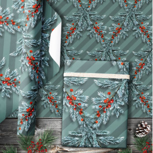 Silver Spruce Red Berries Lattice Striped Wrapping Paper