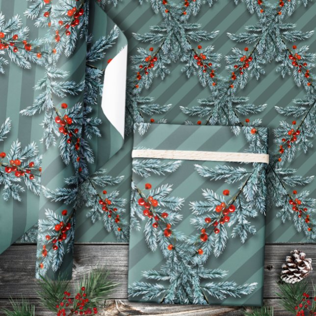 Silver Spruce Red Berries Lattice Striped Wrapping Paper (Creator Uploaded)