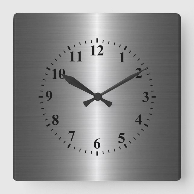 Silver Stainless Steel Metal Square Wall Clock (Front)