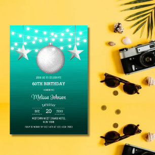 Silver Star Christmas Ball Teal Gradient Birthday Invitation