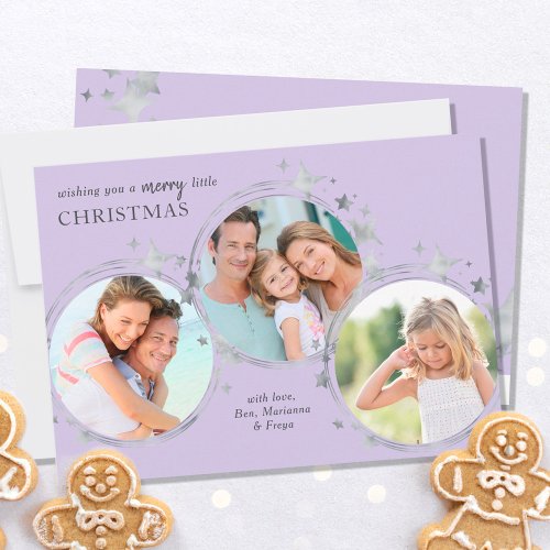 Silver Star Christmas Photo Trio Pastel Lilac Holiday Card