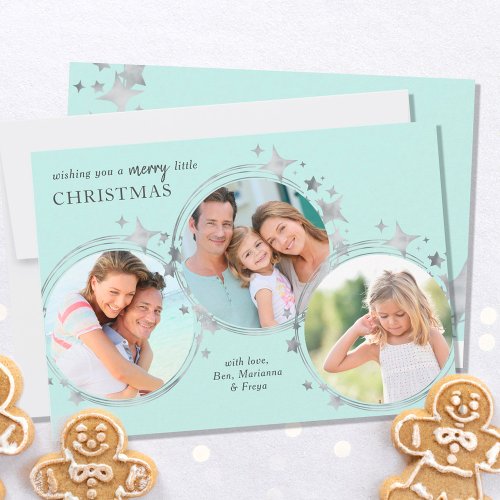 Silver Star Christmas Photo Trio Pastel Mint Holiday Card