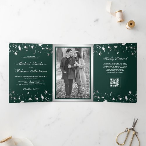 Silver Star Confetti Emerald Green QR Code Wedding Tri-Fold Invitation
