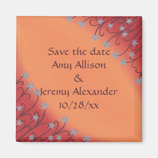 Silver Star Flowers, Orange Save the date Magnets (Front)