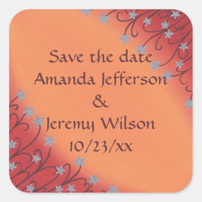 Silver Star Flowers, Red Orange Save date Stickers (Front)