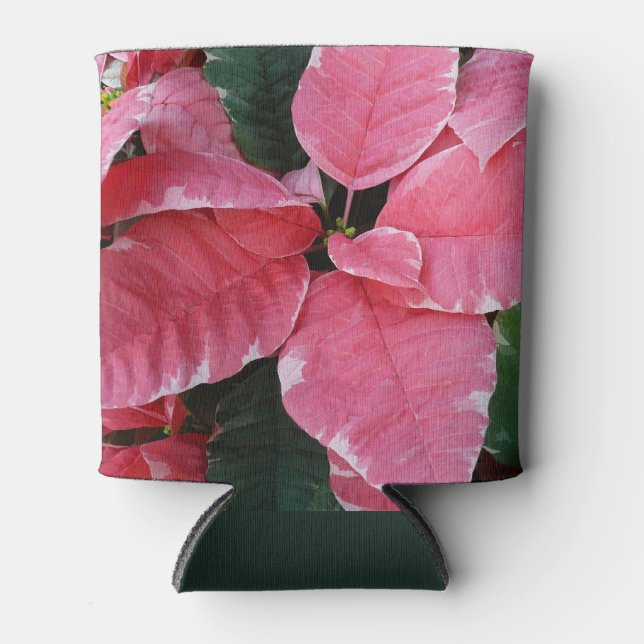 Silver Star Marble Poinsettias Pink Holiday Floral Can Cooler (Front)