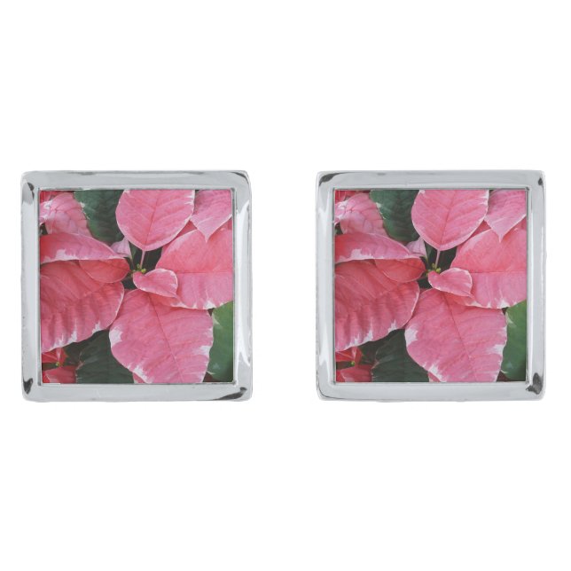 Silver Star Marble Poinsettias Pink Holiday Floral Cufflinks (Front)
