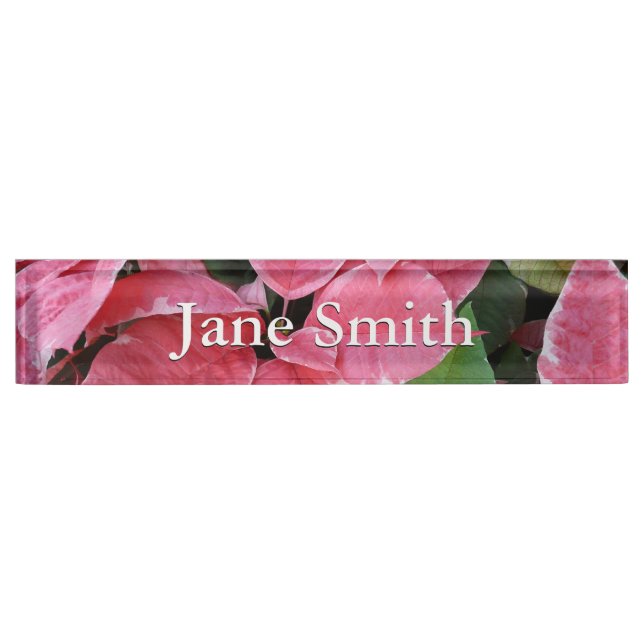Silver Star Marble Poinsettias Pink Holiday Floral Desk Name Plate (Front)