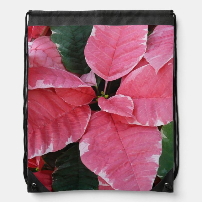Silver Star Marble Poinsettias Pink Holiday Floral Drawstring Bag (Front)