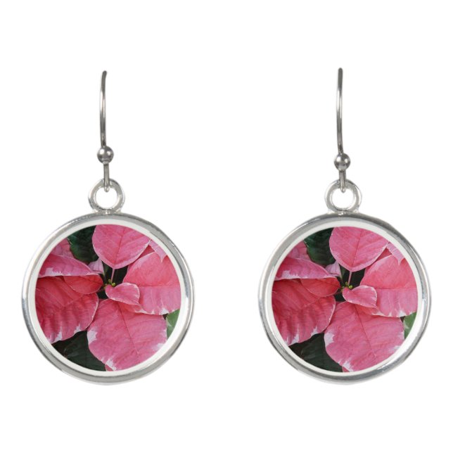 Silver Star Marble Poinsettias Pink Holiday Floral Earrings (Front)