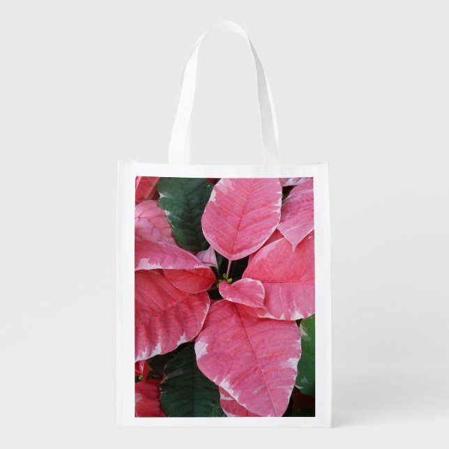 Silver Star Marble Poinsettias Pink Holiday Floral Grocery Bag (Front)