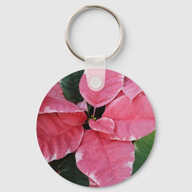 Silver Star Marble Poinsettias Pink Holiday Floral Keychain (Front)