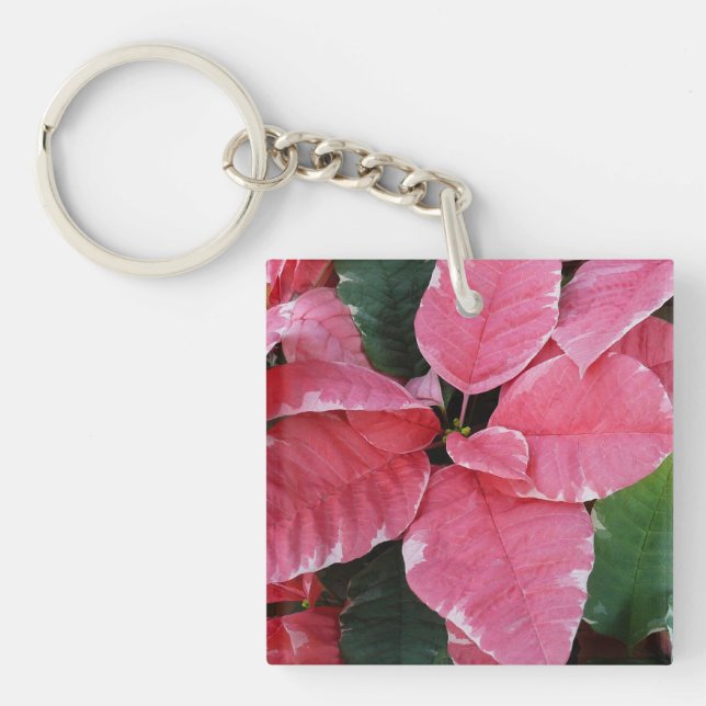 Silver Star Marble Poinsettias Pink Holiday Floral Keychain (Front)
