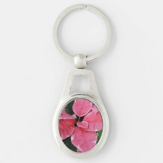 Silver Star Marble Poinsettias Pink Holiday Floral Keychain