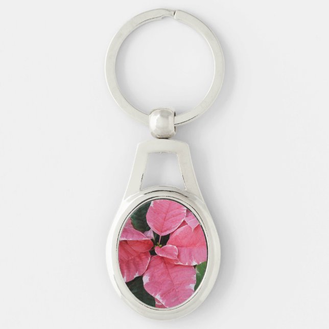 Silver Star Marble Poinsettias Pink Holiday Floral Keychain (Front)