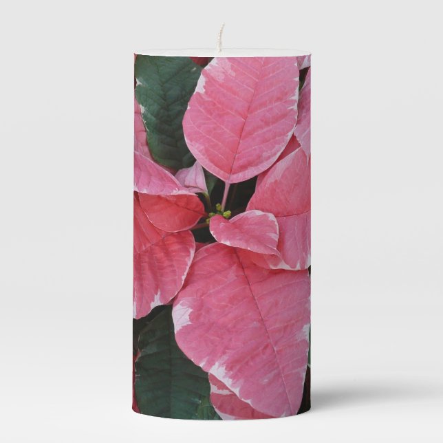 Silver Star Marble Poinsettias Pink Holiday Floral Pillar Candle (Front)