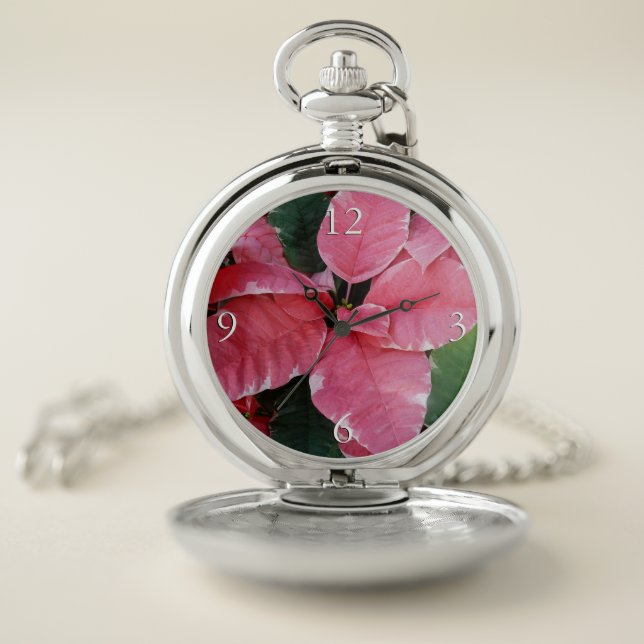 Silver Star Marble Poinsettias Pink Holiday Floral Pocket Watch (Inside)