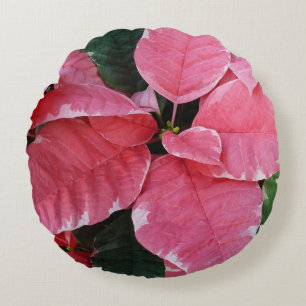 Silver Star Marble Poinsettias Pink Holiday Floral Round Pillow