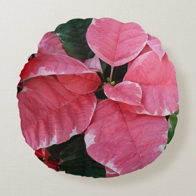 Silver Star Marble Poinsettias Pink Holiday Floral Round Pillow (Front)
