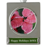 Silver Star Marble Poinsettias Pink Holiday Floral Silver Plated Banner Ornament