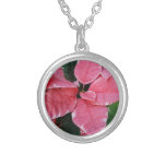 Silver Star Marble Poinsettias Pink Holiday Floral Silver Plated Necklace