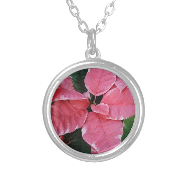 Silver Star Marble Poinsettias Pink Holiday Floral Silver Plated Necklace (Front)