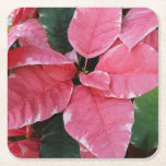 Silver Star Marble Poinsettias Pink Holiday Floral Square Paper Coaster