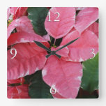Silver Star Marble Poinsettias Pink Holiday Floral Square Wall Clock