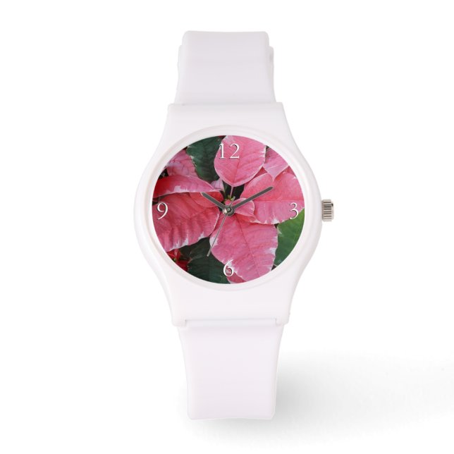Silver Star Marble Poinsettias Pink Holiday Floral Watch (Front)