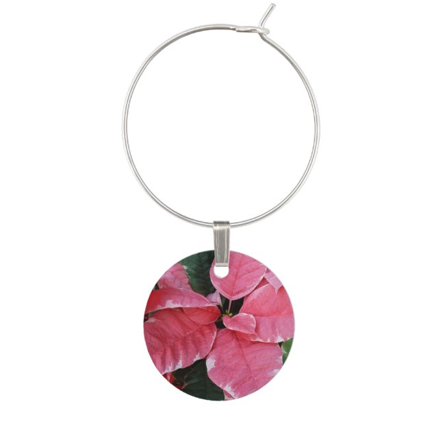 Silver Star Marble Poinsettias Pink Holiday Floral Wine Charm (Front)