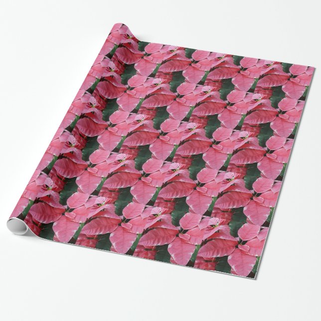 Silver Star Marble Poinsettias Pink Holiday Floral Wrapping Paper (Unrolled)