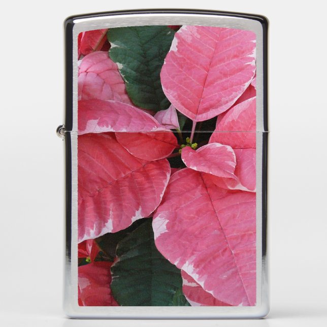 Silver Star Marble Poinsettias Pink Holiday Floral Zippo Lighter (Front)