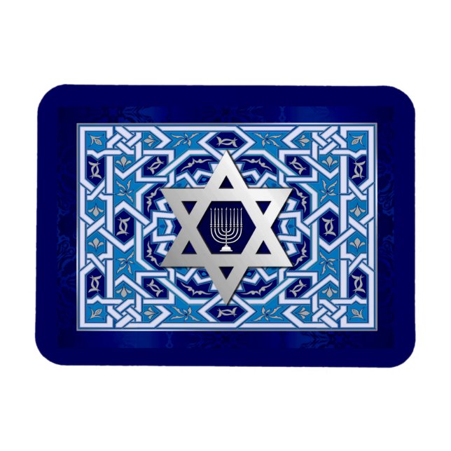 Silver Star of David and Menorah Hanukkah Gift Magnet (Horizontal)
