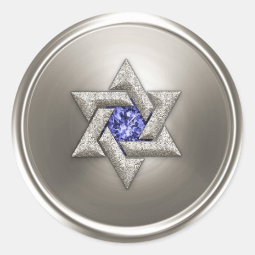 Silver Star of David Blue Gem Classic Round Sticker