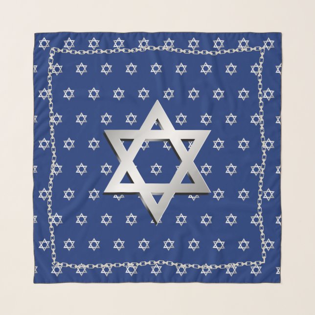 Silver Star of David Chain Trim Navy Blue Head Scarf (Front)