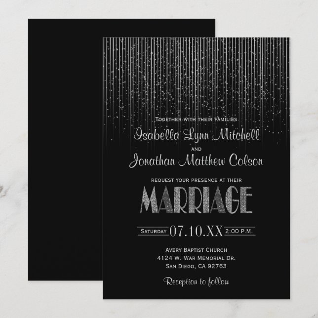 Silver Star Rain Shower & Black Wedding Invitation (Front/Back)