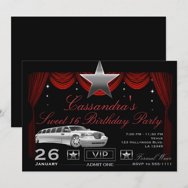 Silver Star Red Limo Hollywood Birthday Party Invitation (Front/Back)