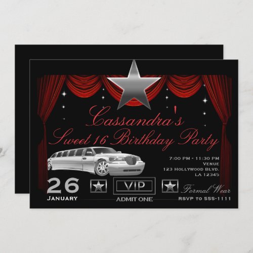 Silver Star Red Limo Hollywood Birthday Party Invitation