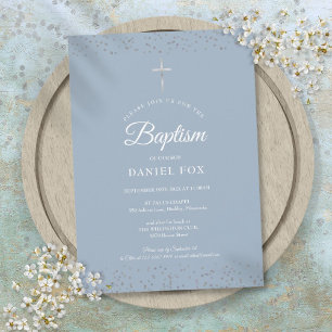 Silver Stardust Baptism Christening Dusty Blue Invitation