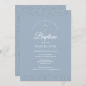 Silver Stardust Baptism Christening Dusty Blue Save The Date (Front/Back)