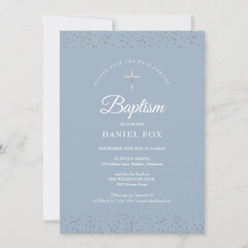 Silver Stardust Baptism Christening Dusty Blue Save The Date