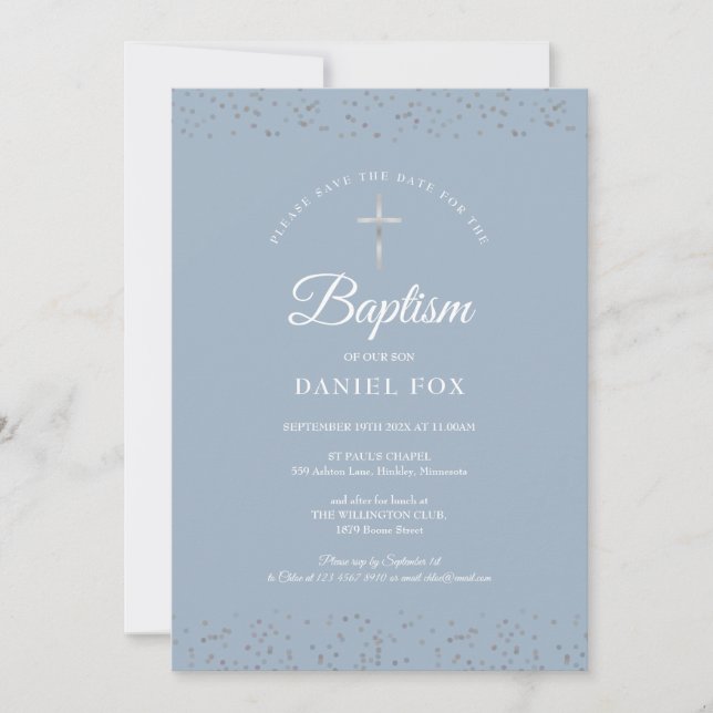 Silver Stardust Baptism Christening Dusty Blue Save The Date (Front)