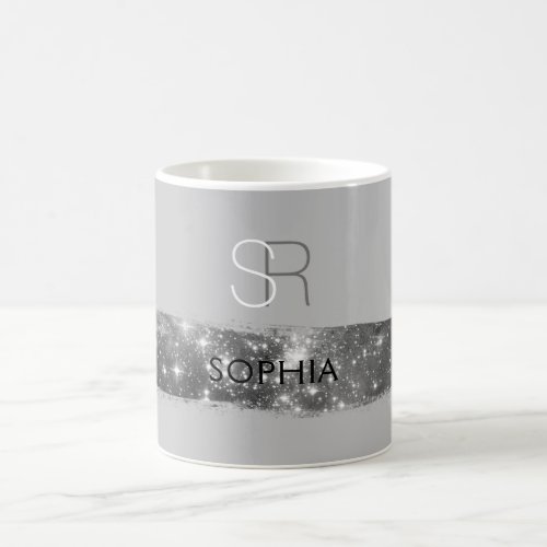 Silver Stardust Brush Stroke MonogramName Grey Coffee Mug