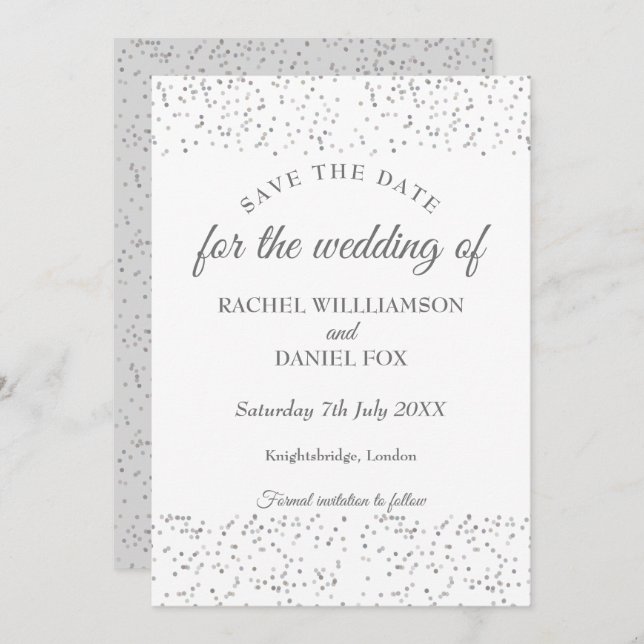 Silver Stardust Confetti Save the Date Card (Front/Back)