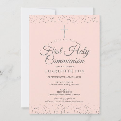 Silver Stardust First Holy Communion Blush Pink Invitation