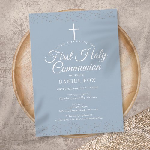 Silver Stardust First Holy Communion Dusty Blue Invitation