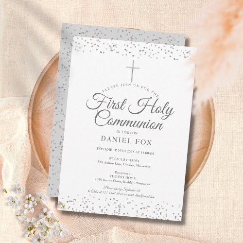 Silver Stardust First Holy Communion Invitation