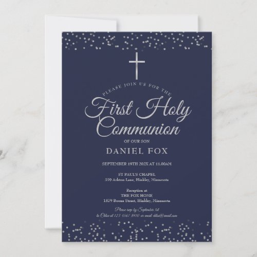 Silver Stardust First Holy Communion Navy Blue Invitation