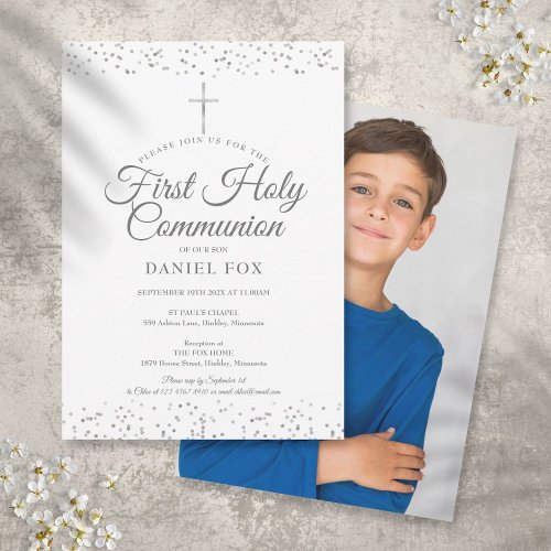 Silver Stardust First Holy Communion Photo Invitation