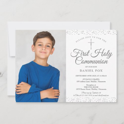 Silver Stardust First Holy Communion Photo Invitation
